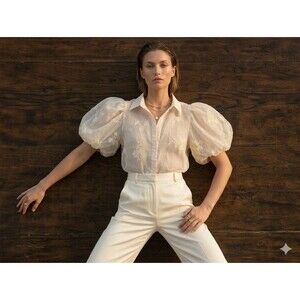 Ultra Pink Blouse S Floral Embroidered Sheer Cottagecore Coquette Puff Sleeve